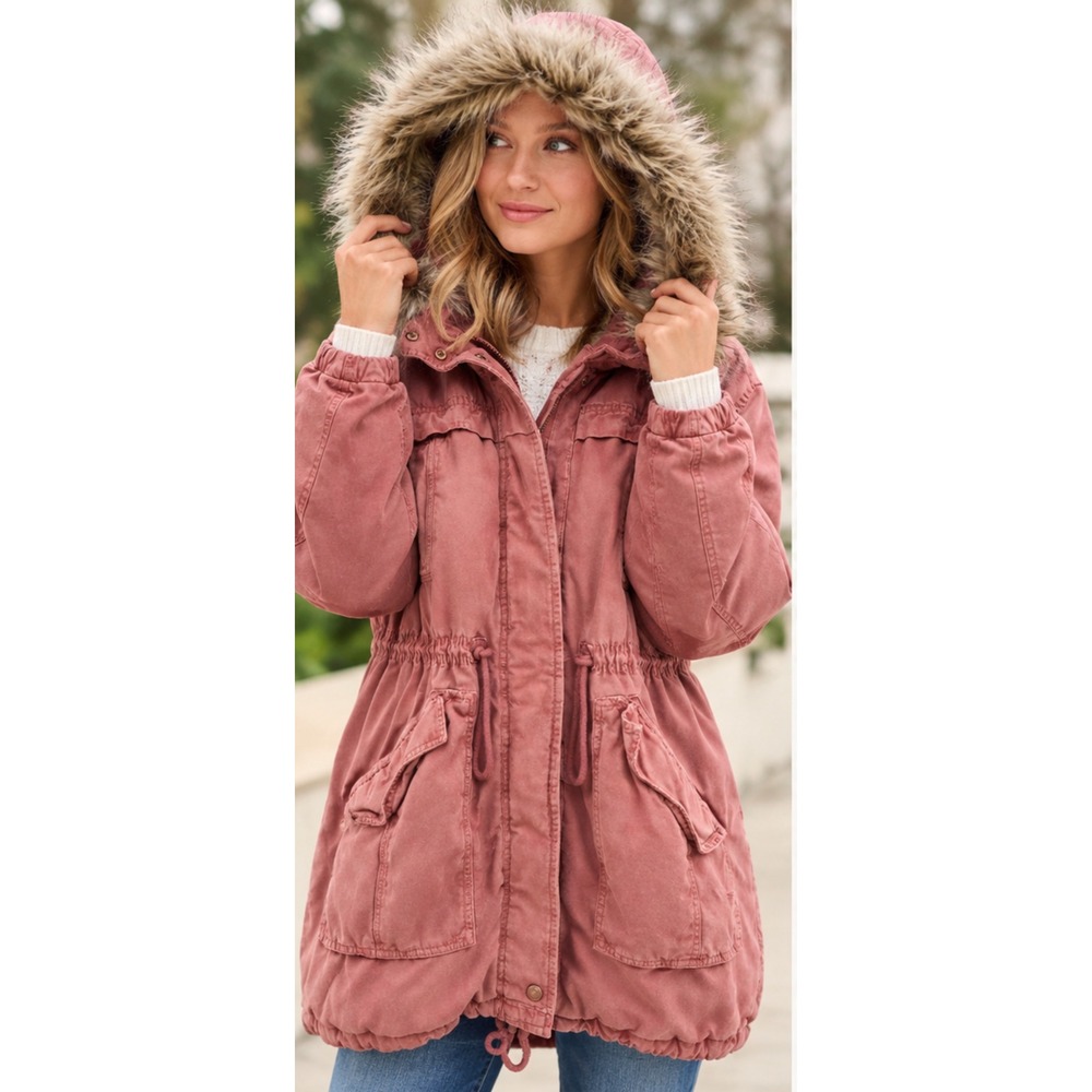 American Eagle Pink Faux Fur Hooded Utility Parka Jacket Womens Large Like new
